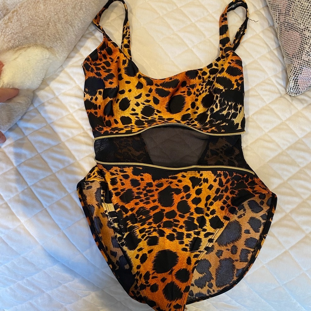 Vintage La Blanca Animal Print Black/Brown w/ Mesh Zip Swimsuit One Piec…